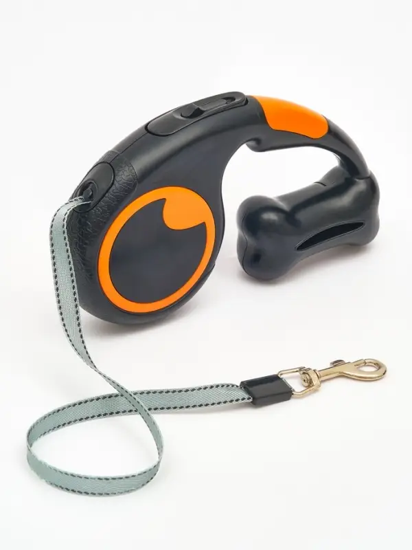 Рулетка - поводок "Косточка", с контейнером для пакетов, трос 3 м, чёрная/оранжевая