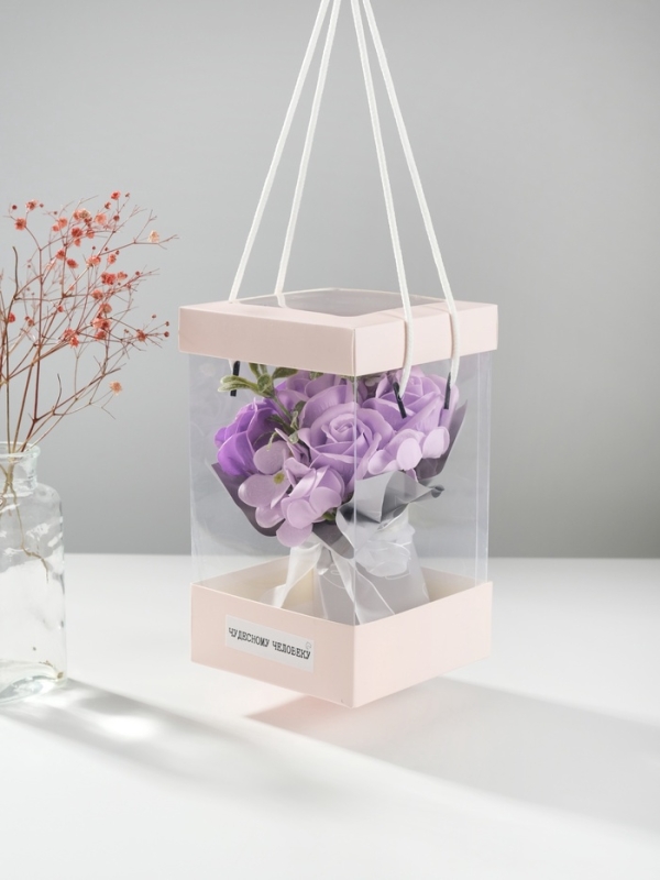 Букет из мыльных лепестков "Розы и флоксы в подарочной упаковке" сиреневый 12,5х12,5х20,5 см   10667