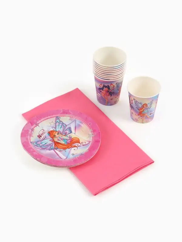 Посуда одноразовая бумажная на 10 персон: стаканы, тарелки, скатерть, ВИНКС