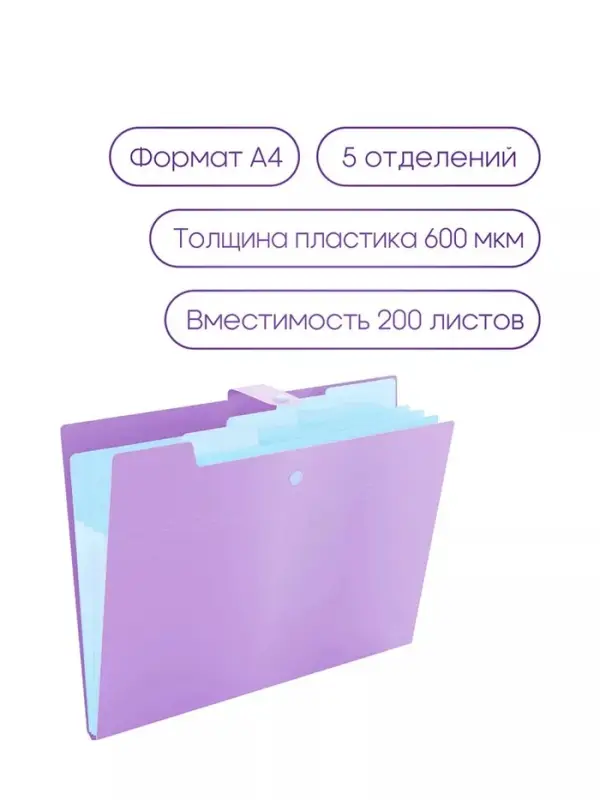 Папка А4, 5 отделений, Calligrata, 600 мкм, на кнопке, сиреневая, матовая