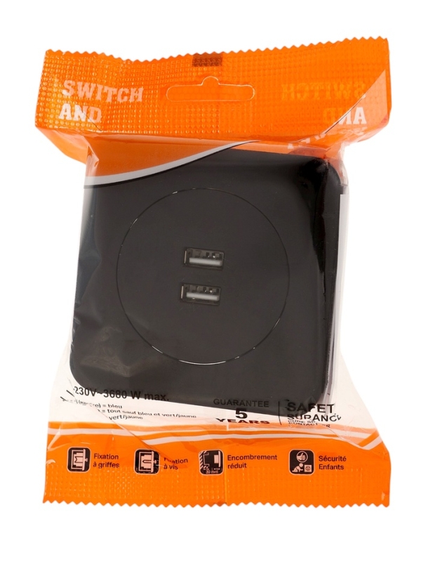 Розетка с 2 USB-A разъёмами, 2.1А, 5В, серия "Circular", 10 А, скрытая, черная