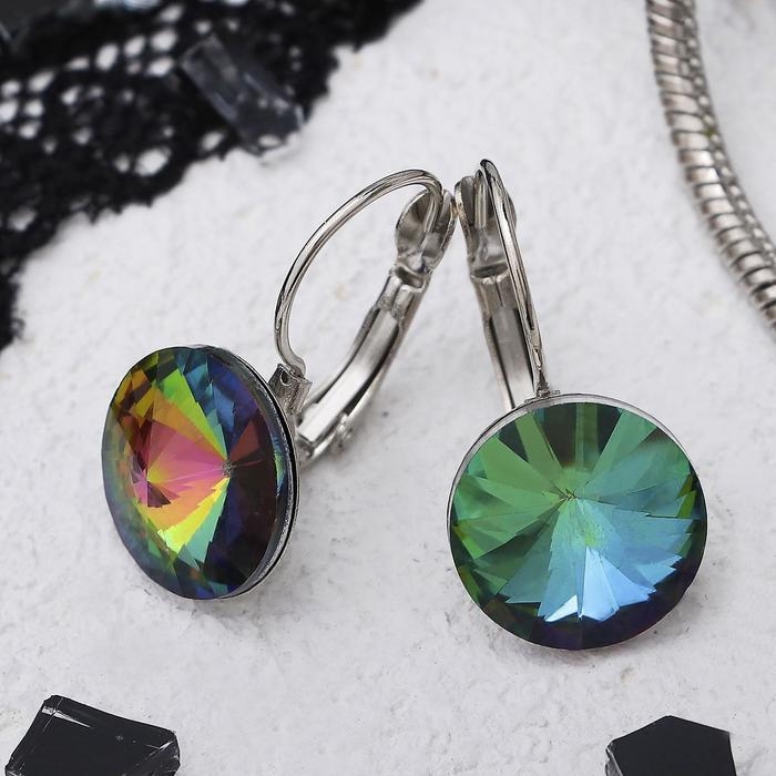 Серьги со стразами &laquo;Яркая классика&raquo;, цвет бензиновый в серебре, d=1,4 см