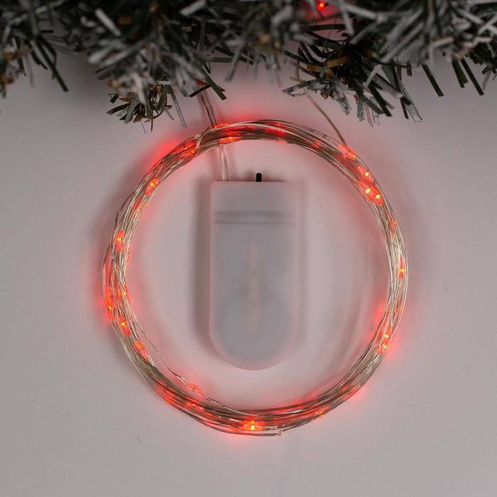 Гирлянда &laquo;Нить&raquo; 5 м роса, IP20, серебристая нить, 50 LED, батарейки CR2032х2 (в комплекте), свечение красное