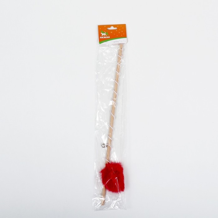 Дразнилка "Пушок" на деревянной палочке, с бубенчиком, 36 см, красная
