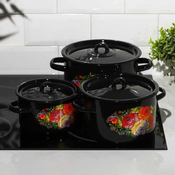 Набор кастрюль &laquo;Жостово&raquo;, 3 предмета: 1,5 л, 2,9 л, 4,5 л, эмалированные крышки, индукция