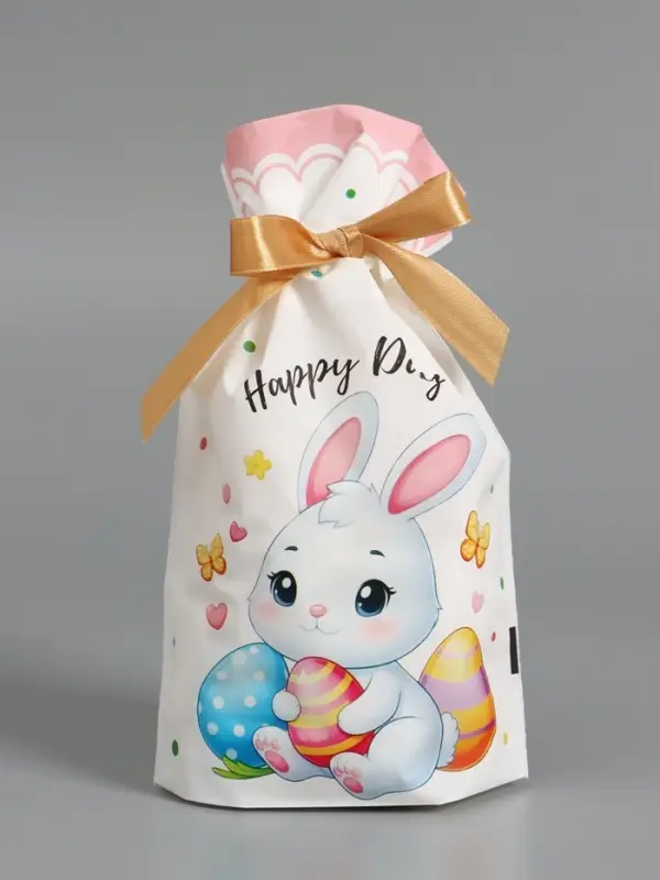 Пакет  полиэтиленовый подарочный "Заяц с цветами", с завязками, 15х23&plusmn;1 см