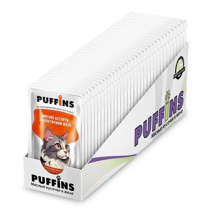 Влажный корм "Puffins" для кошек, мясное ассорти в желе, 75 г