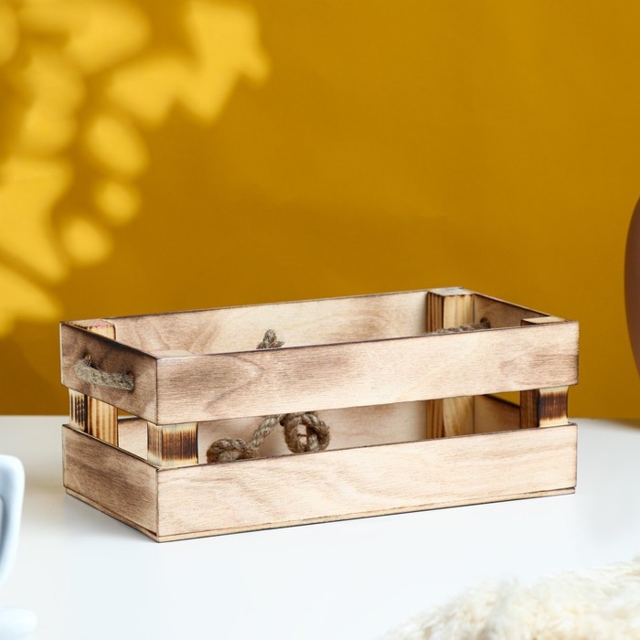 Кашпо деревянное 24.5&times;13.5&times;9 см "Двушка Лайт" реечное, ручка верёвка, обжиг Дарим Красиво