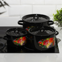Набор кастрюль &laquo;Жостово&raquo;, 3 предмета: 1,5 л, 2,9 л, 4,5 л, эмалированные крышки, индукция