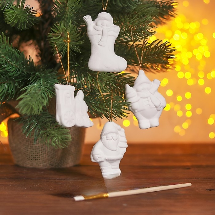 Набор ёлочных украшений под раскраску 4 шт. &laquo;Прелесть&raquo; с подвесом, кисть