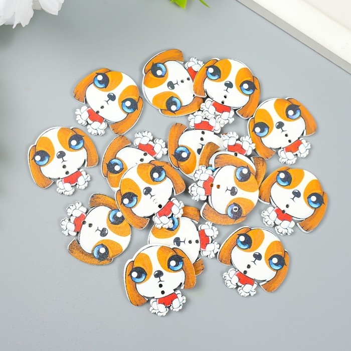 Пуговицы дерево для творчества 2 прокола "Щеночек" набор 15 шт 3х3 см