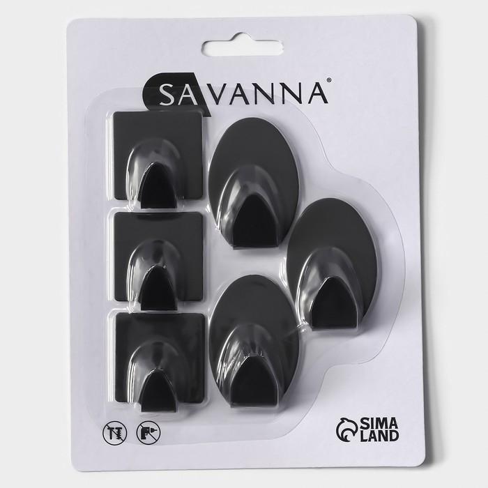 Крючки самоклеющиеся SAVANNA Black Loft, 6 шт, металл, 1,9&times;5,3&times;3,5 см, цвет чёрный