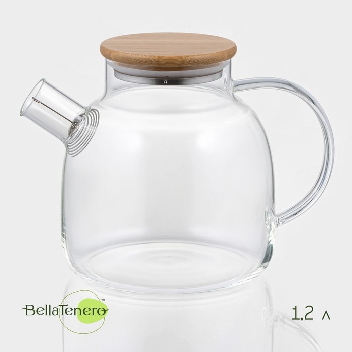 Чайник заварочный стеклянный с бамбуковой крышкой и металлическим фильтром BellaTenero &laquo;Эко&raquo;, 1,2 л