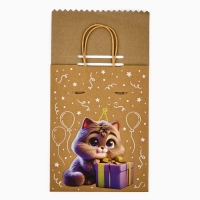 Пакет с клапаном &laquo;С Днём рождения&raquo;, котик, крафт, глиттер, 19,5 &times; 10 &times; 25.2 см