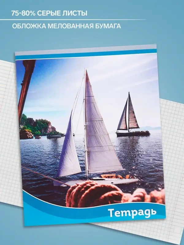 Тетрадь 48 листов в клетку, Calligrata &laquo;Корабли&raquo;, обложка мелованная бумага, серые листы, МИКС