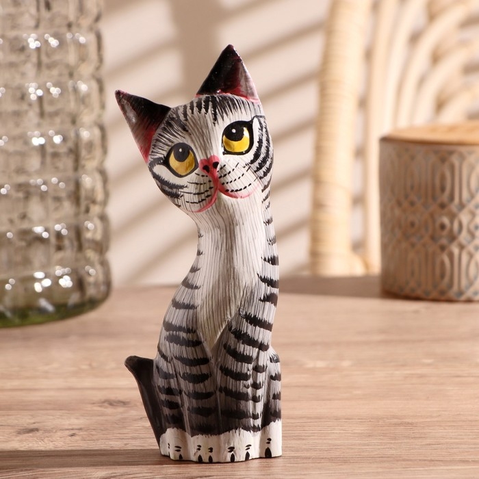 Сувенир дерево "Котёнок" серый 6х3х18 см