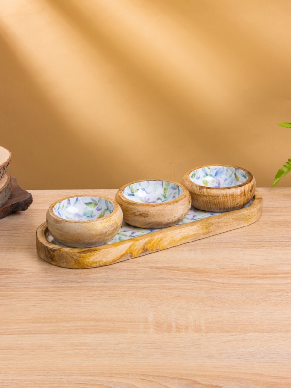 Набор розеток на подносе "Оттенки сирени" (3 шт) дерево манго 33,5х13х6,5 см