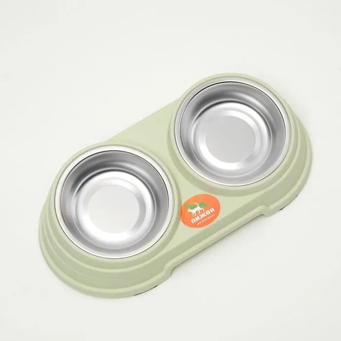 Миска металлическая двойная наклонная на пластиковом основании, 28,5 х 15 х 7 см, зелёная