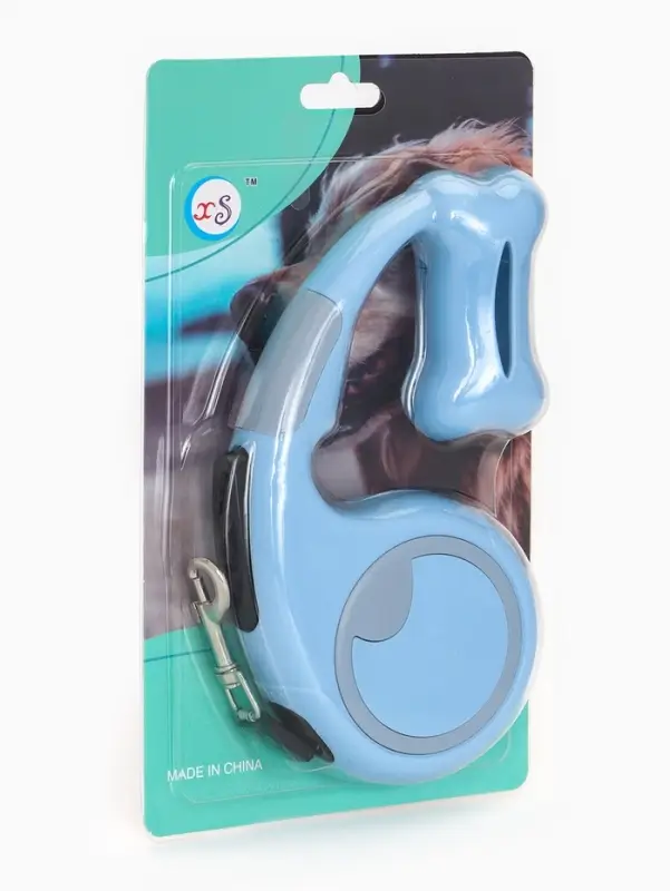 Рулетка - поводок "Косточка", с контейнером для пакетов, трос 3 м, голубая/серая