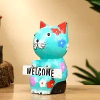 Сувенир "Кот с табличкой WELCOME" дерево 8х5х10 см, цв. бирюзовый