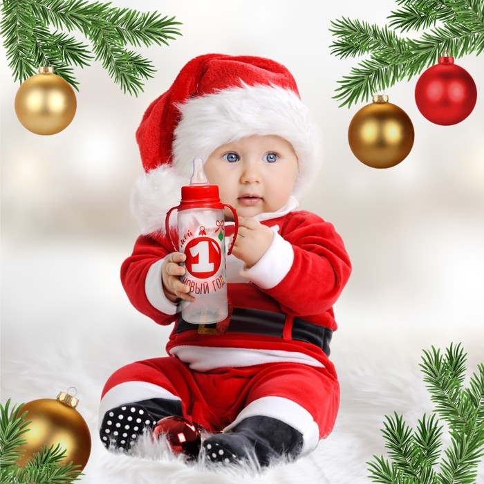 Бутылочка для кормления &laquo;Мой 1 Новый год&raquo;, классическое горло, 250 мл., от 3 мес., цилиндр, подарочная упаковка, с ручками