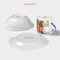 Набор детской посуды из керамики Доляна &laquo;Мишка на велосипеде&raquo;, 3 предмета: кружка 230 мл, миска 400 мл, тарелка d=18 см