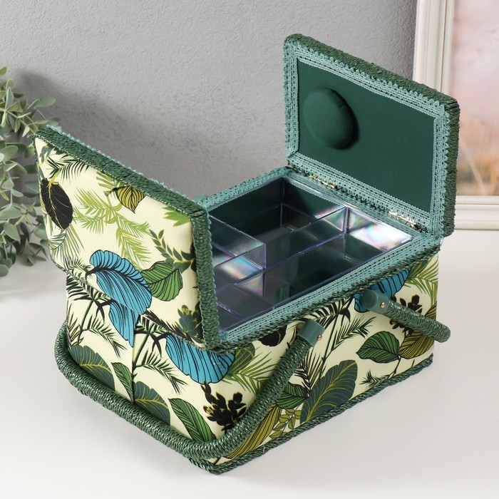Шкатулка для рукоделия "Тропические листья на зелёном" 19х26х14,5 см
