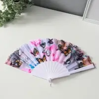 Веер пластик, текстиль "Бабочки и цветы на леопарде" МИКС 23 см