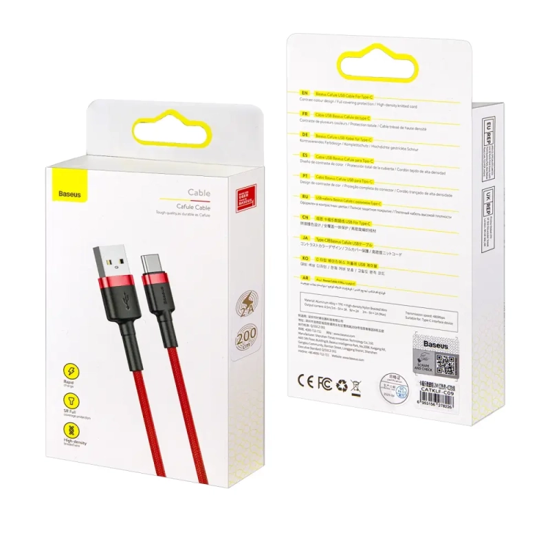 * Кабель USB Type-C 2M 2A Cafule Cable Baseus красный CATKLF-C09