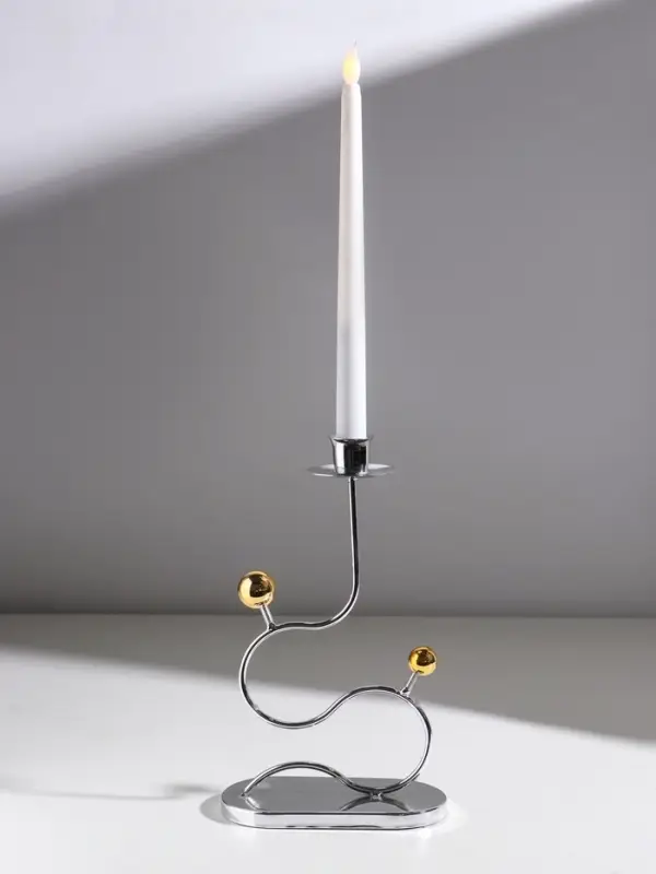 Подсвечник металл на 1 свечу "Линия и шарики" серебро с золотом d=2,5 см 14,5х7,5х26 см