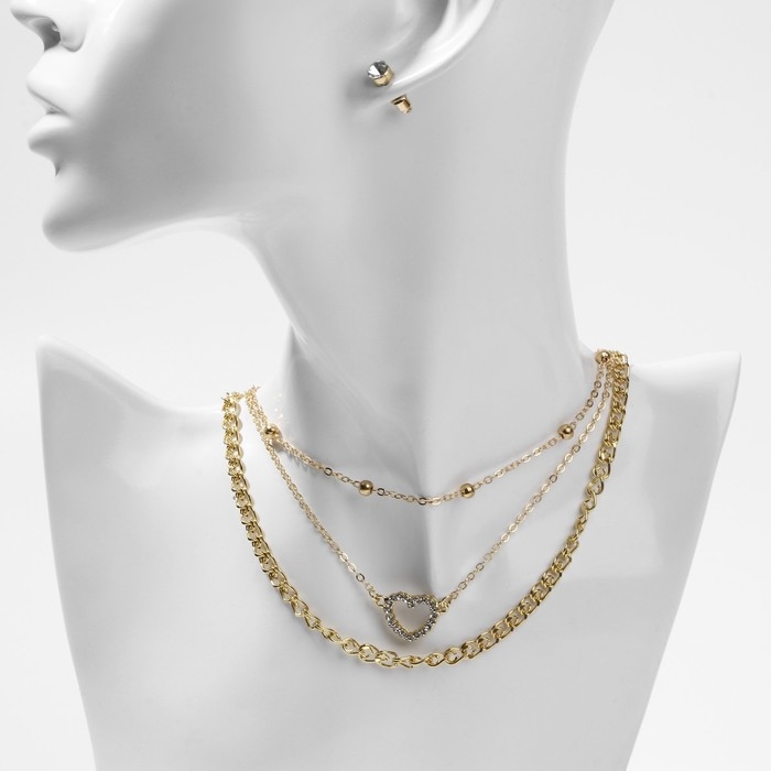 Набор: 3 колье, 3 пары пусет &laquo;Эстетика&raquo; сердце, цвет белый в золоте, 32 см