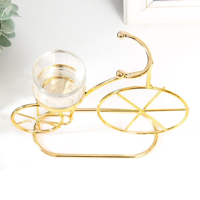 Подсвечник металл, стекло на 1 свечу "Велосипед" d-4,5 см золото 18,5х6х14 см