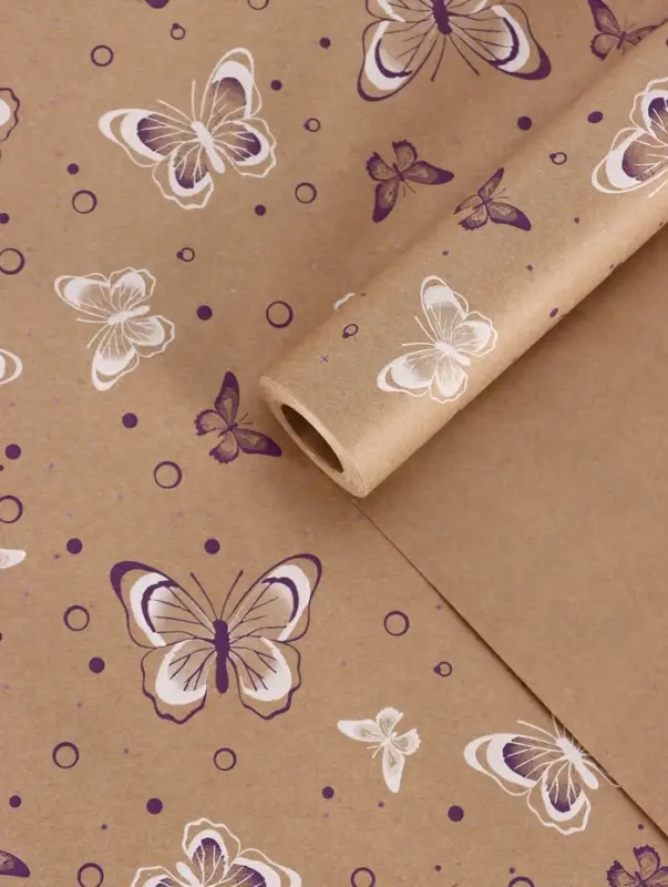 Бумага упаковочная крафт &laquo;Бабочки&raquo;, фиолетовый/белый, 0.72&times;10&plusmn;5% м, 60 г