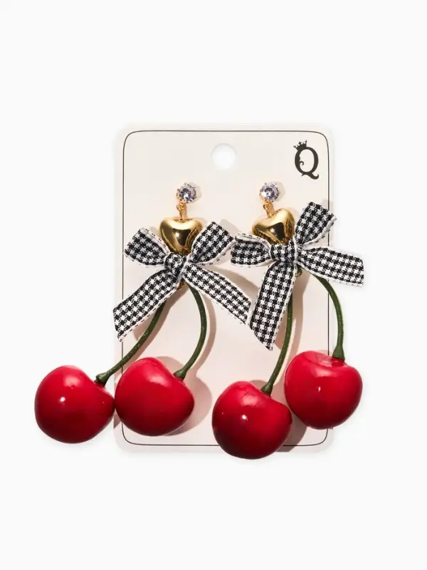 Серьги "Вишня с бантиками" текстиль, цветные в золоте