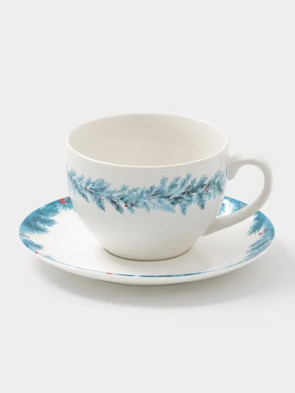 Чайная пара новогодняя &laquo;Зимний вечер&raquo;, 2 предмета: чашка 210 мл, блюдце d=15 см, фарфор, белая