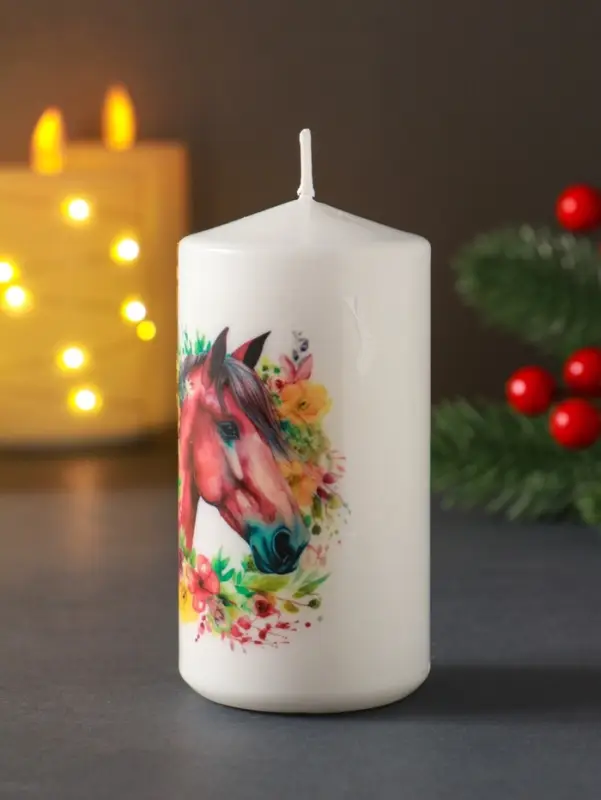 Свеча столб 50х100мм с декором, конь, белая