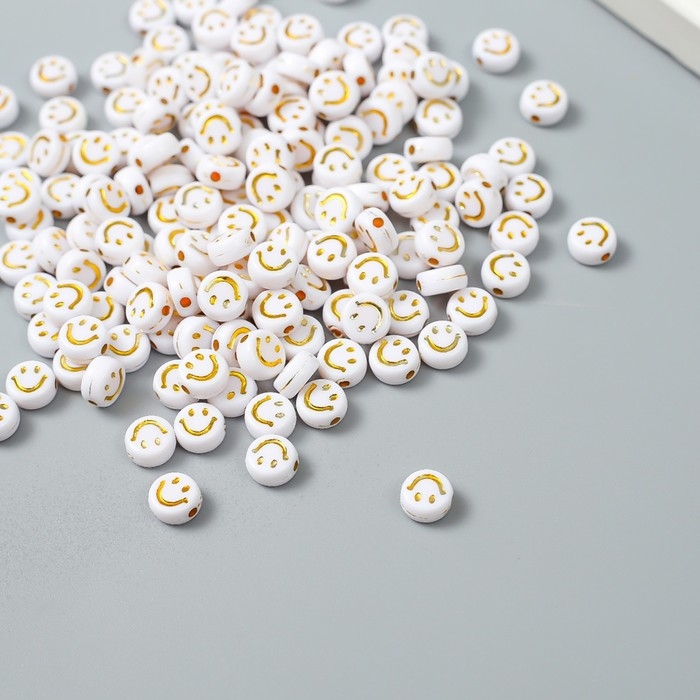 Бусины для творчества пластик "Золотой смайлик на белом" набор 20 гр 0,4х0,7х0,7 см