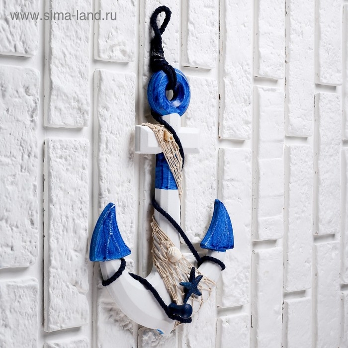 Якорь интерьерный с веревкой и звездой, бело-синий 5*23*32см
