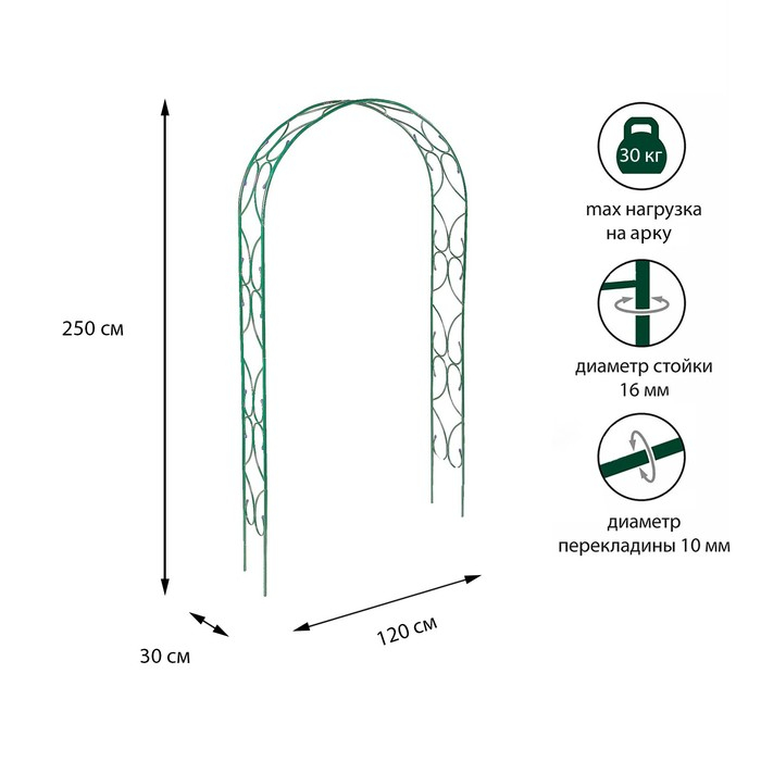Арка садовая, разборная, 250 &times; 120 &times; 30 см, металл, зелёная, &laquo;Узор-2&raquo;