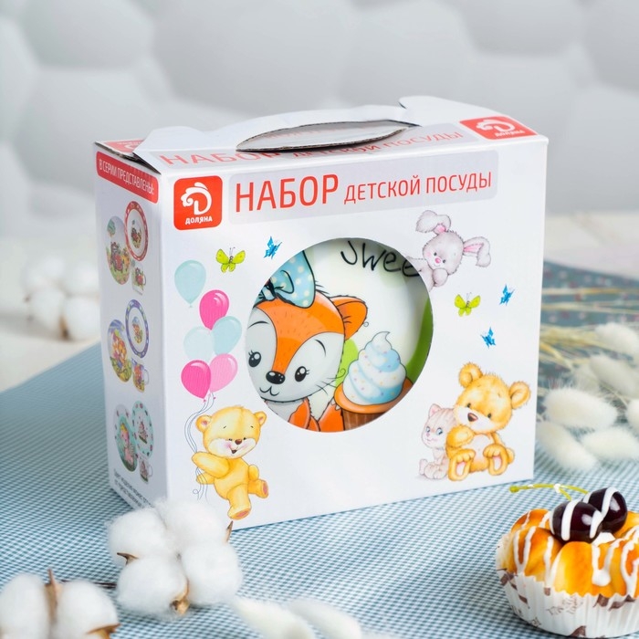 Набор детской посуды из керамики Доляна &laquo;Лисёнок&raquo;, 3 предмета: кружка 230 мл, миска 400 мл, тарелка d=18 см