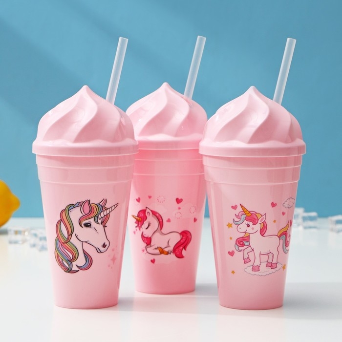 Стакан &laquo;Сказочный единорог&raquo;, 450 мл, с крышкой и трубочкой, рисунок МИКС