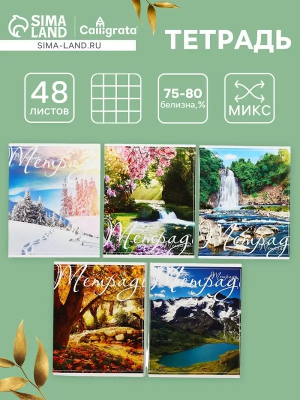 Тетрадь 48 листов в клетку Calligrata &laquo;Пейзаж&raquo;, обложка мелованный картон, блок №2, белизна 75% (серые листы), МИКС