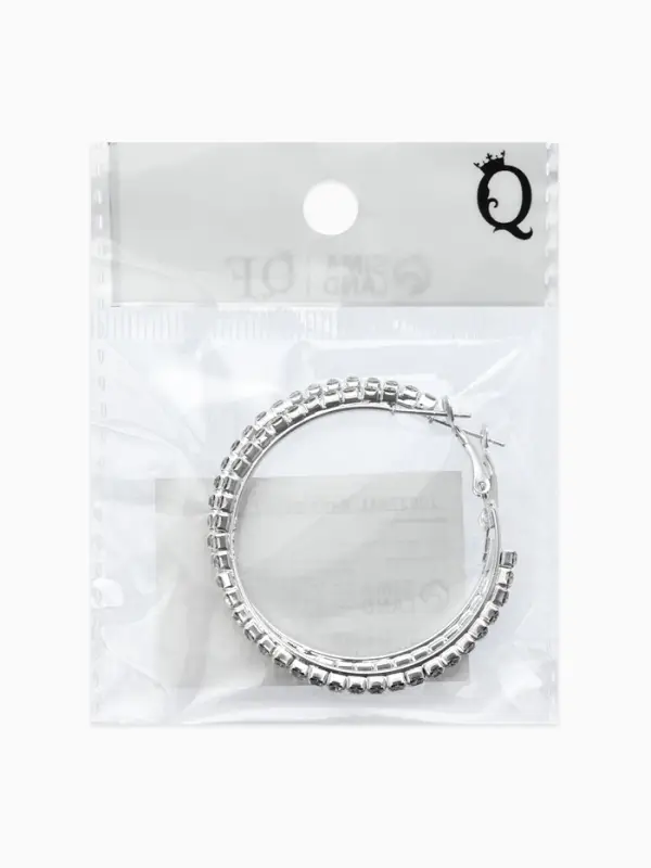 Серьги-кольца со стразами d=4.5 см, белые в серебре