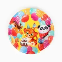 Тарелка одноразовая бумажная &laquo;С Днём рождения, весёлые зверята&raquo;, жёлтая, 18 см