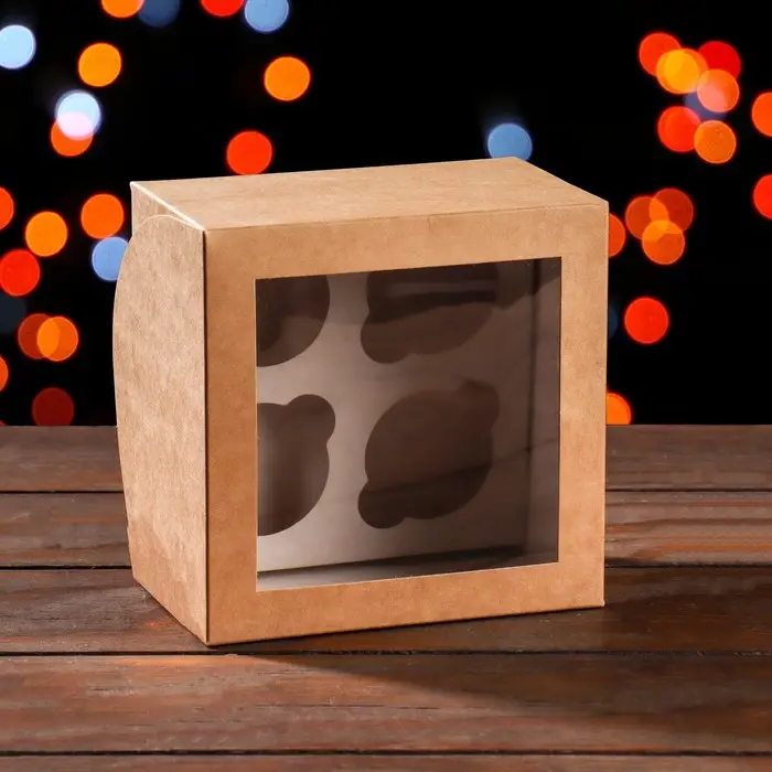 Упаковка на 4 мини - капкейка крафт с окном, 13&times;13&times;8 см