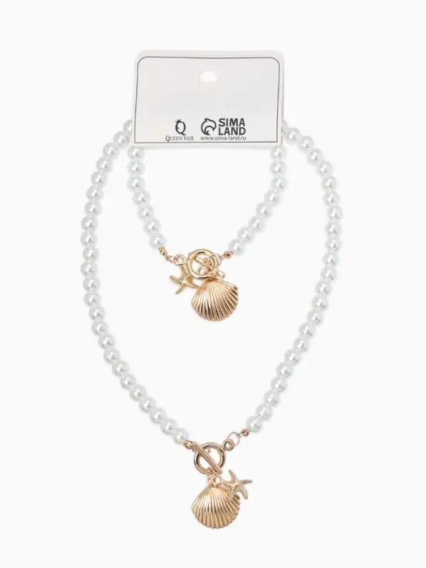 Набор 2 пред-та: бусы.браслет "Жемчуг", ракушка вонголе, цвет белый в золоте L=18/42см №8