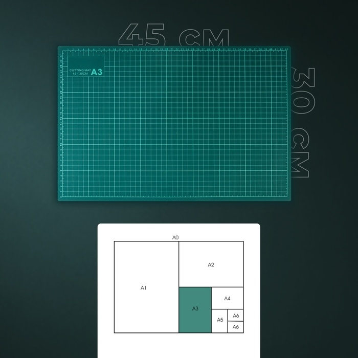 Мат для резки, трёхслойный, 45 &times; 30 см, А3, цвет зелёный