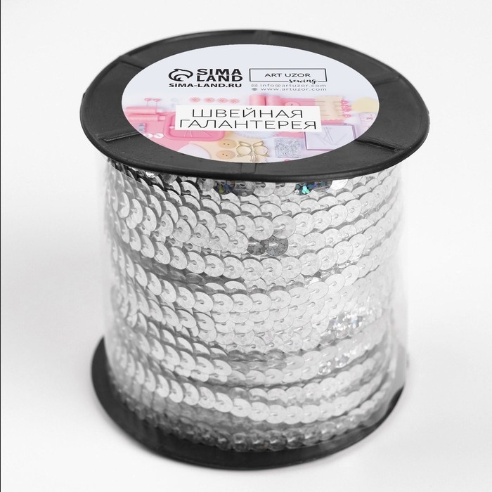 Пайетки на нити, голография, 6 мм, 91 &plusmn; 1 м, цвет серебряный