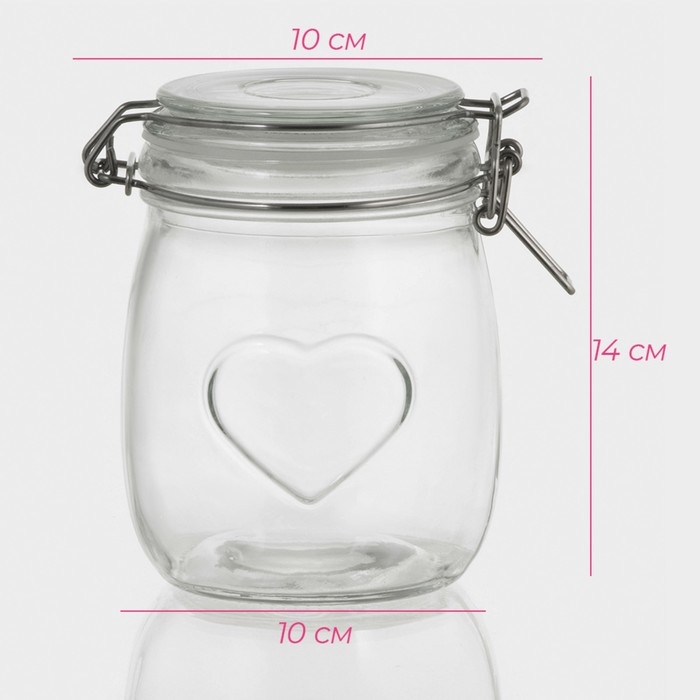 Банка стеклянная для хранения сыпучих продуктов Доляна &laquo;Сердце&raquo;, 850 мл, 11&times;14 см, с бугельным замком