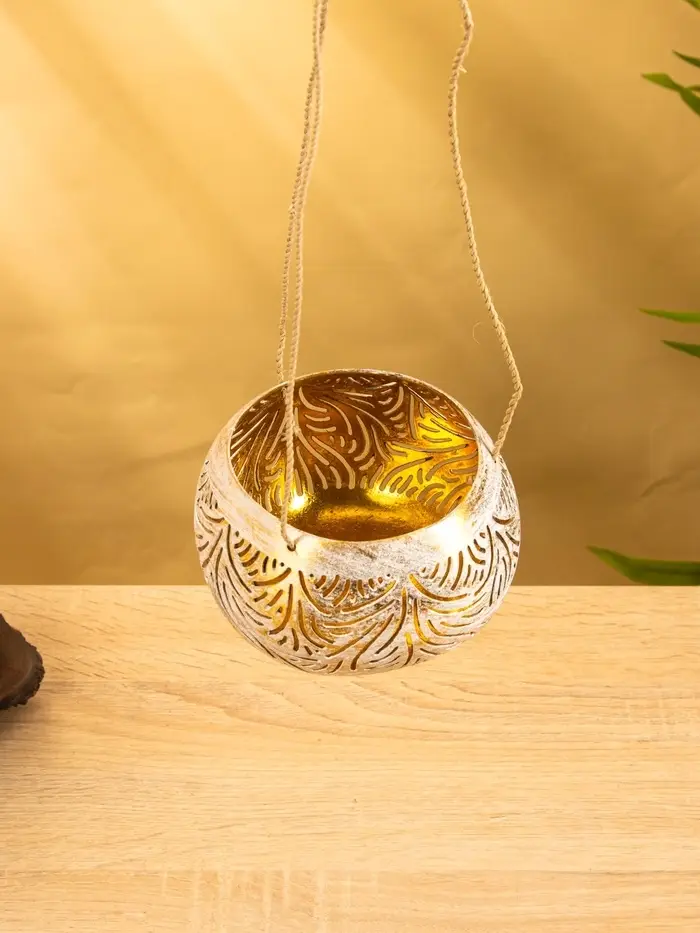 Подсвечник подвесной из кокоса, 14&times;14&times;10 см, бело-золотой
